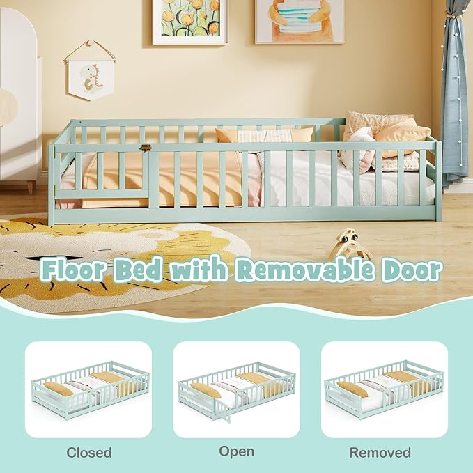 KOMFOTT Twin Size Wood Floor Bed with Door & Fence, Montessori Bed Frame with Full Length Safety Guardrails, Door & Latch, Wooden Montessori Floor Bed for Kids, Girls, Boys (Twin,Light Green)