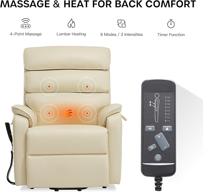 DYNOX 350 LBS Power Lift Recliner Chair for Elderly, Medium Size Dual Motor Lay Flat Infinite Positions Recliner with Heat & Massage(9188,Faux Leather,Cream)