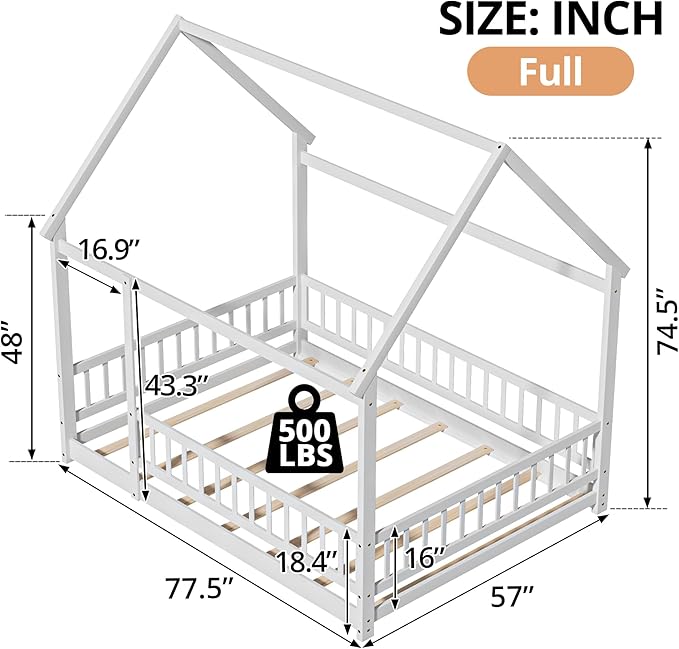 LLS Full Size Montessori Floor Bed Frame with Slats and Fence, Wooden House Bed for Boys Girls Bedroom, White