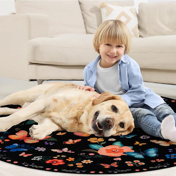 4' Machine Washable Round Area Rug, Non-Slip Vintage Floral Circle Floor Rugs for Kids, Low Pile Room Carpet for Living Room, Bedroom, Dining Room & Nursery(4' Black Floral)
