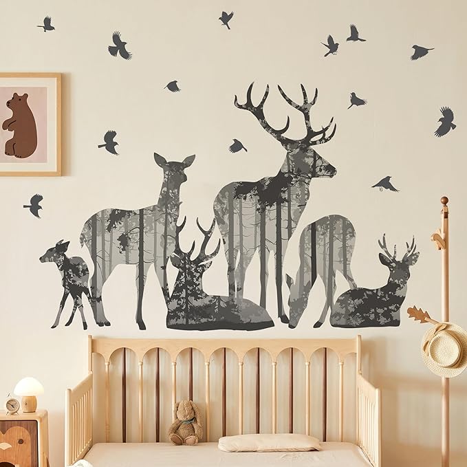 2 Sheets Forests Silhouette Animals Wall Decals Removable Wild Elk Tree Wall Decals Peel and Stick Vinyl Birds Wall Art Decor for Children Nursery Bedroom Living Room Wall Corner Decor
