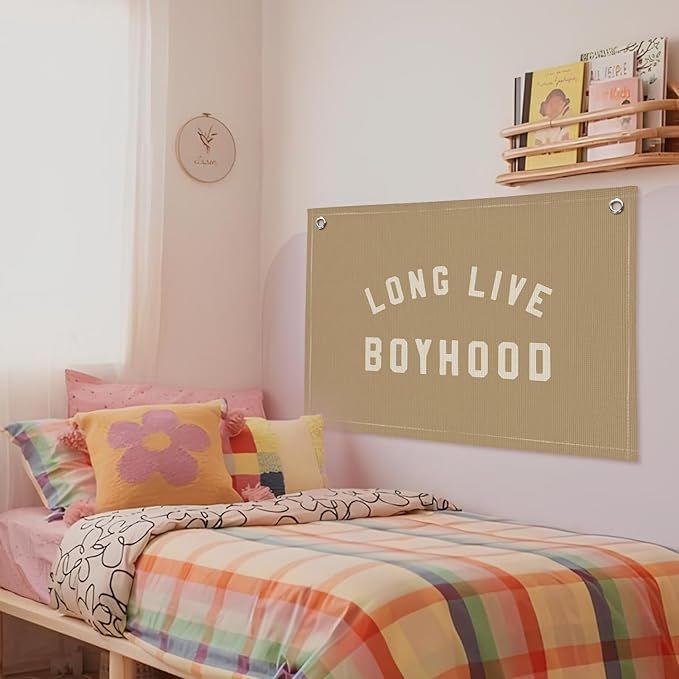 Long Live Boyhood Boys Room Decor - Linen Banner Wall Hanging Canvas Banner Flag Decor for Toddler Boy Room Nursery Playroom - Beige