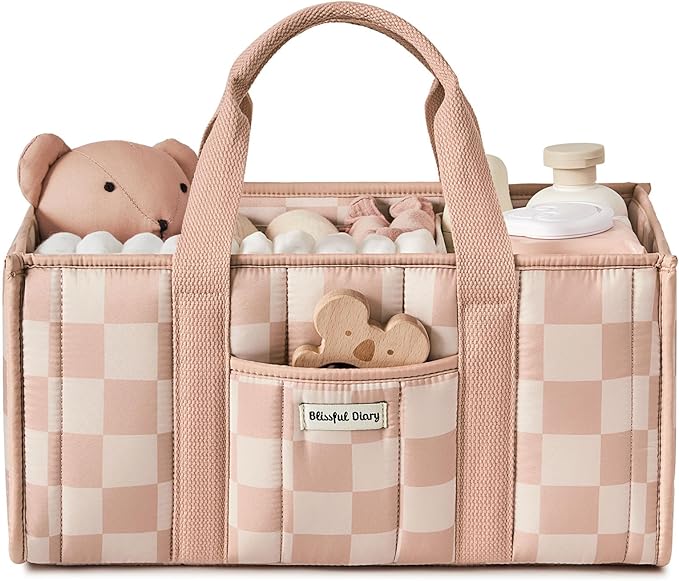 Blissful Diary Checkered Diaper Caddy Organizer, Stylish Nursery Storage Basket, Gift for Baby Shower, Newborn Essentials, Registry Search Must Haves, Pink