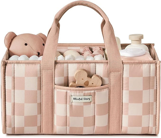 Blissful Diary Checkered Diaper Caddy Organizer, Stylish Nursery Storage Basket, Gift for Baby Shower, Newborn Essentials, Registry Search Must Haves, Pink