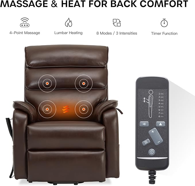DYNOX 350 LBS Power Lift Recliner Chair for Elderly, Medium Size Dual Motor Lay Flat Infinite Positions Recliner with Heat & Massage(9188,Faux Leather,Brown)