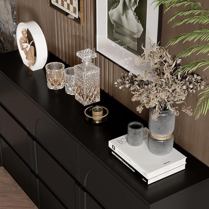 9 Drawer Dresser Chest of Drawers, Modern Black Dresser for Bedroom, 63” Wide Drawer Chest, No Handles, Arch-Shape Pattern, 9 Drawer Cabinet for Living Room, 13.8”D x 63”W x 31.5”H