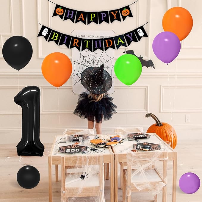 Halloween Decorations for Boys/Girls - Black, Orange, Purple, Green Balloons (40" & 1" Sizes) with Spooky Birthday Banner