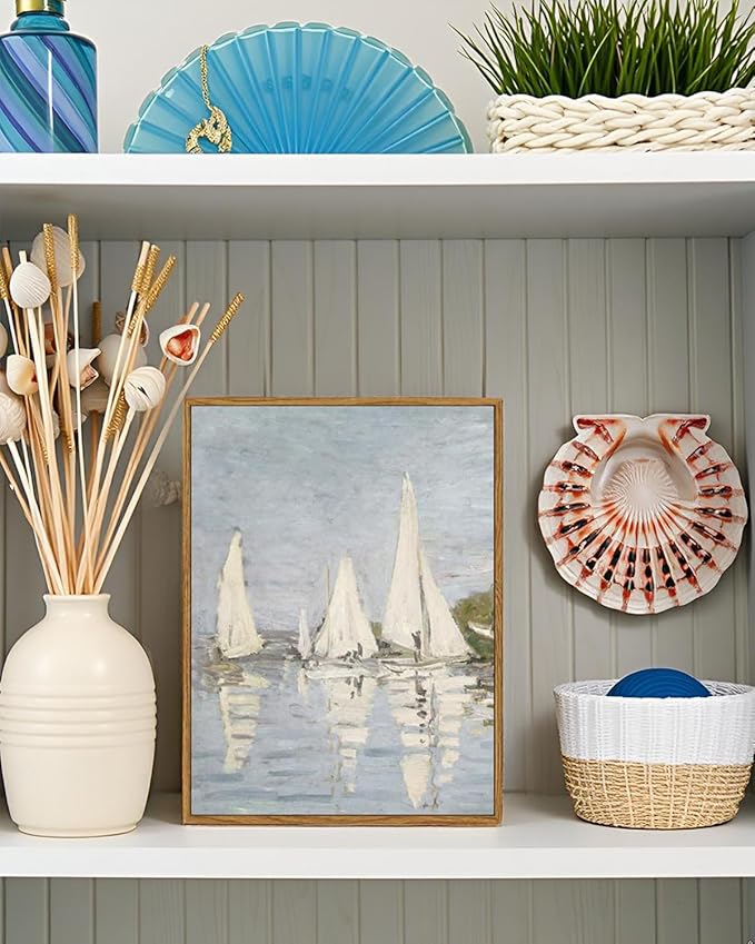 ARPEOTCY Vintage Framed Canvas Wall Art, 12x16inch, Farmhouse Summer Sailboat Wall Decor, Nautical Lake Art Prints Home Decorations, Seascape Paintings for Living Room Bedroom Office Decor