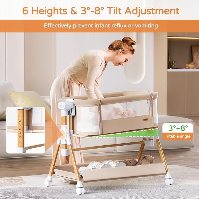 Baby Bassinet,Bedside Bassinet for baby, Rocking bassinet with Storage Basket and Wheels, Adjustable 6 Heights and All Mesh Sides,Portable Babys Bassinets Bedside Sleeper for Newborn Infant