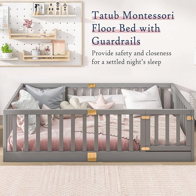 Tatub Full Montessori Floor Bed with High Rails, Solid Wood Montessori Bed Frame for Kids, Door Can Install Left and Right, Full-Grey