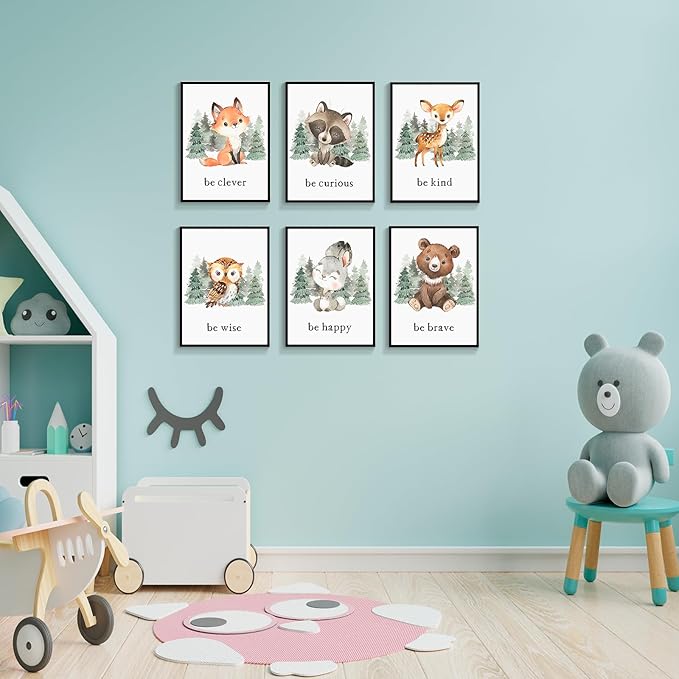 gooptyinh Framed Woodland Nursery Animal Canvas Wall Art, 6 Piece Inspirational Forest Animals Print Posters, Motivational Quotes Cute Bear Fox Rabbit Deer Raccoon Owl Decor for Baby Bedroom 8x10in