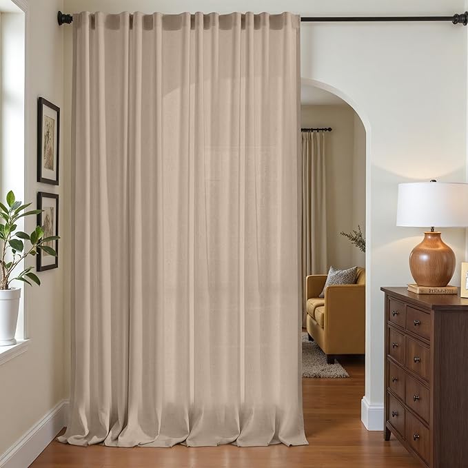 jinchan Taupe Linen Blend Curtain 120 inch Extra Long 1 Panel Extra Long for Sliding Door, Light Filtering 100 inch Extra Wide Patio Door Drape with Rod Pocket Back Tab(100W x 120L, Taupe)
