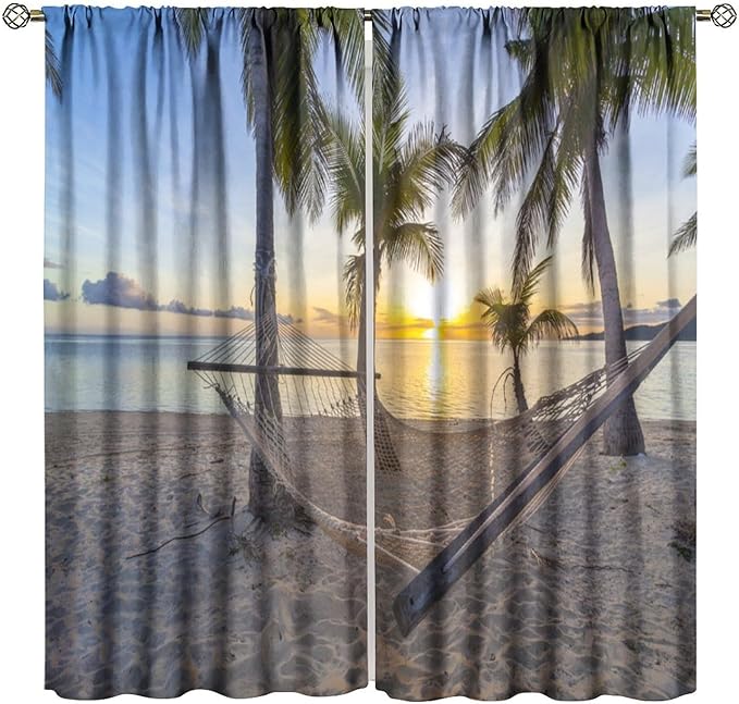 Ocean Beach Curtains,Morning Sunrise Hawaiian Seaside Scene Pattern Blackout Print Home Bedroom Living Room Window Treatments 2 Panel Set 52x84 Inch