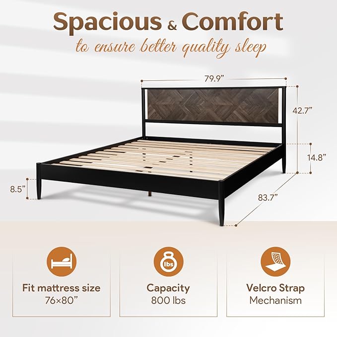 Lenia 14 Inch Premium Solid Wood Bed Frame with Headboard, Rustic Farmhouse Style Platform Bed Made of 100% Solid Acacia Wood, No Box Spring Needed, King Size, Rustic Mocha Black (Lenia Collection)