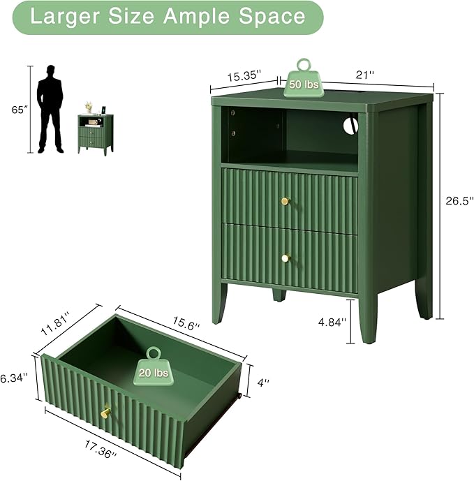 Fluted Nightstand with Charging Station, 21" Wide Modern Bedside Table with 2 Drawers & Open Shelf, Wood End Table with Storage & Metal Handle for Bedroom, Small Spaces, Green