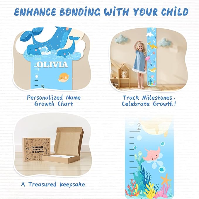 Personalized Name Marine Animals Wooden Growth Chart for Kids-Height Measurement for Wall Girls Boys Teen Room Wall Decor 62.7" x 14"