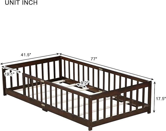 Twin Size Floor Bed for Kids, Wood Montessori Floor Beds with Fence Railings and Slats Support, Twin Playhouse Bed Frame for Boys Girls, No Box Spring Needed, Espresso