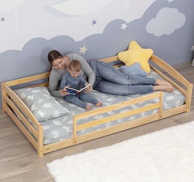 Ocodile Twin Floor Bed with Safety Guardrails for Kids, Montessori Inspired with Rails and 2 Openings, Twin Size Bed Frame for Girls and Boys - Varnished