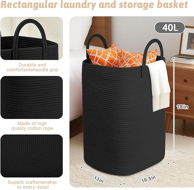 Laundry Basket,Woven Cotton Rope Laundry Hamper,40L Versatile Storage for Dirty Clothes,Baby Toys,and Blankets in Bathroom, Nursery,and Living Room