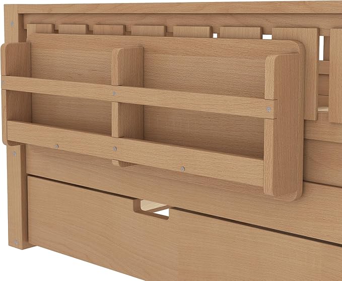 Bellemave Full Size Kids Bed with high Rails and with Built-in Bookshelf and Trundle for Kids, Girls, Boys, Wood Montessori Bed Without Door, Natural
