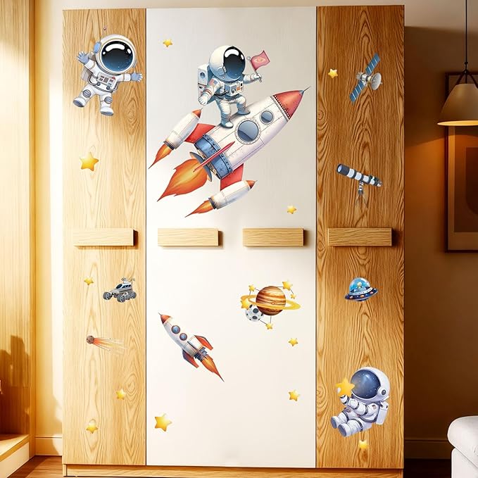 Astronaut Wall Decals Removable Peel and Stick Window Clings 2-Sheet Set with Planets, Outer Space, Rocket Boys Design for Kids Room, Nursery Classroom, Playroom Wall Decor
