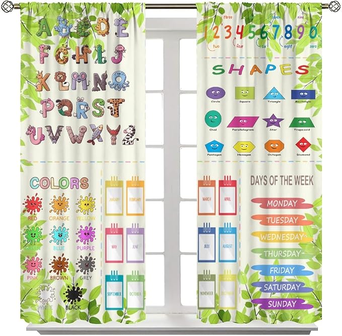 Kids Alphabet Curtain Cartoon Animal Nursery Rustic Leaves Plant Funny School Education Learning Tools Printed Rod Pocket Blackout Window Drapes for Bedroom Living Room 72" W X 63" L