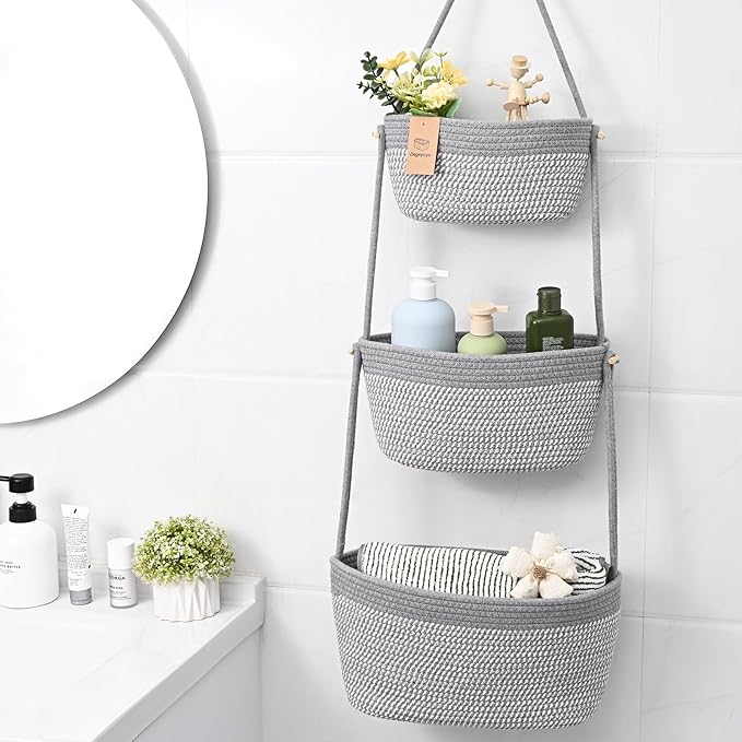 Hanging Storage Baskets, 3-Tier Over the Door Basket, Cotton Wall Baskets Storage, Detachable Hanging Door Basket with 4 Hooks, Over the Door Organizer Nursery for Bedroom, Living Room, Bathroom Wall