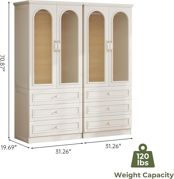 Solid Wood Wardrobe Closet:TemkTuek 70.87" Large Armoire,Clothing Storage Cabinet with Drawers,Doors,Hanging Railsand Shelves,Vintage Freestanding,Bedroom,White(19-19)
