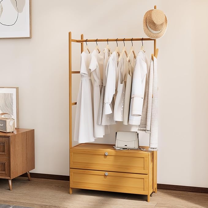 Clothing Rack with Shelves,Bamboo Clothes Rack,Natural Clothes Rack Hanging,Drawers Hanging Rack,Garment Rack with Shelves(27.6inch Width Natural)