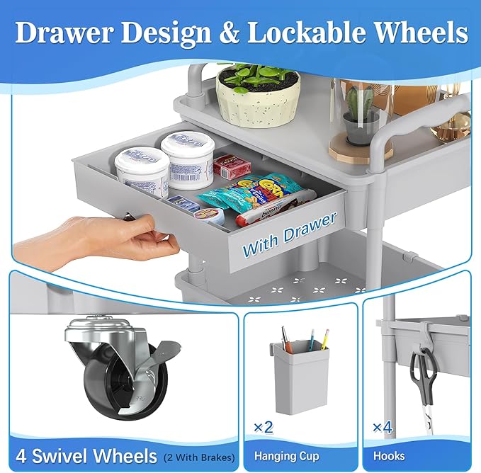 3 Tier Rolling Cart with Drawer, Bathroom Storage Organizer with 2 Lockable Wheels, Multifunctional Rolling Storage Cart for Bathroom, Kitchen, Office, Craft, Makeup, Baby Essentials, Gray