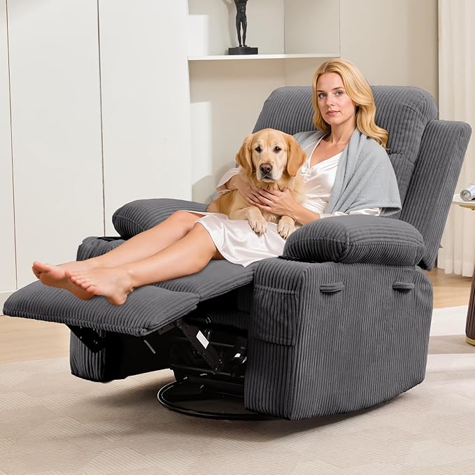 Recliner Chair Nursery, Oversized Manual Reclining Rocking Chair, Corduroy 360 Swivel Glider with Cup Holder, Massage and Heat Recliner, Small Sofa Chairs for Adults, Living Room, RV, Bedroom, Gray