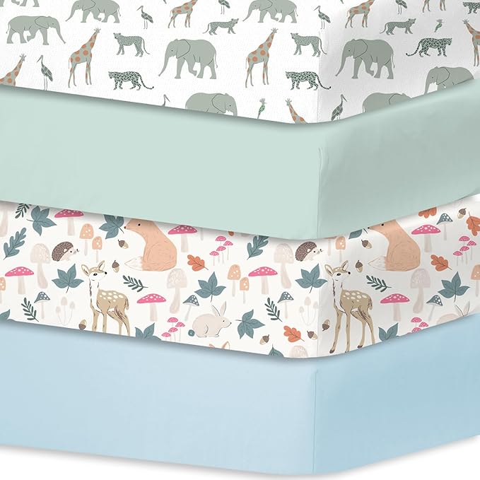 Little Grape Land Crib Sheets 4 Pack for Boys and Girls, Baby Neutral Crib Fitted Sheets for Standard Crib & Toddler Mattress, Super Soft Breathable Fitted Crib Sheet Set, Safari & Squirrel