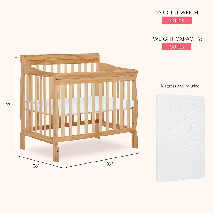 Dream On Me Aden 4-in-1 Convertible Mini Baby Crib in Natural, GreenGuard Gold & JPMA, Sustainable Pinewood, Non-Toxic Finish, 3 Mattress Heights, Converts to Mini Day & Twin-Size Bed
