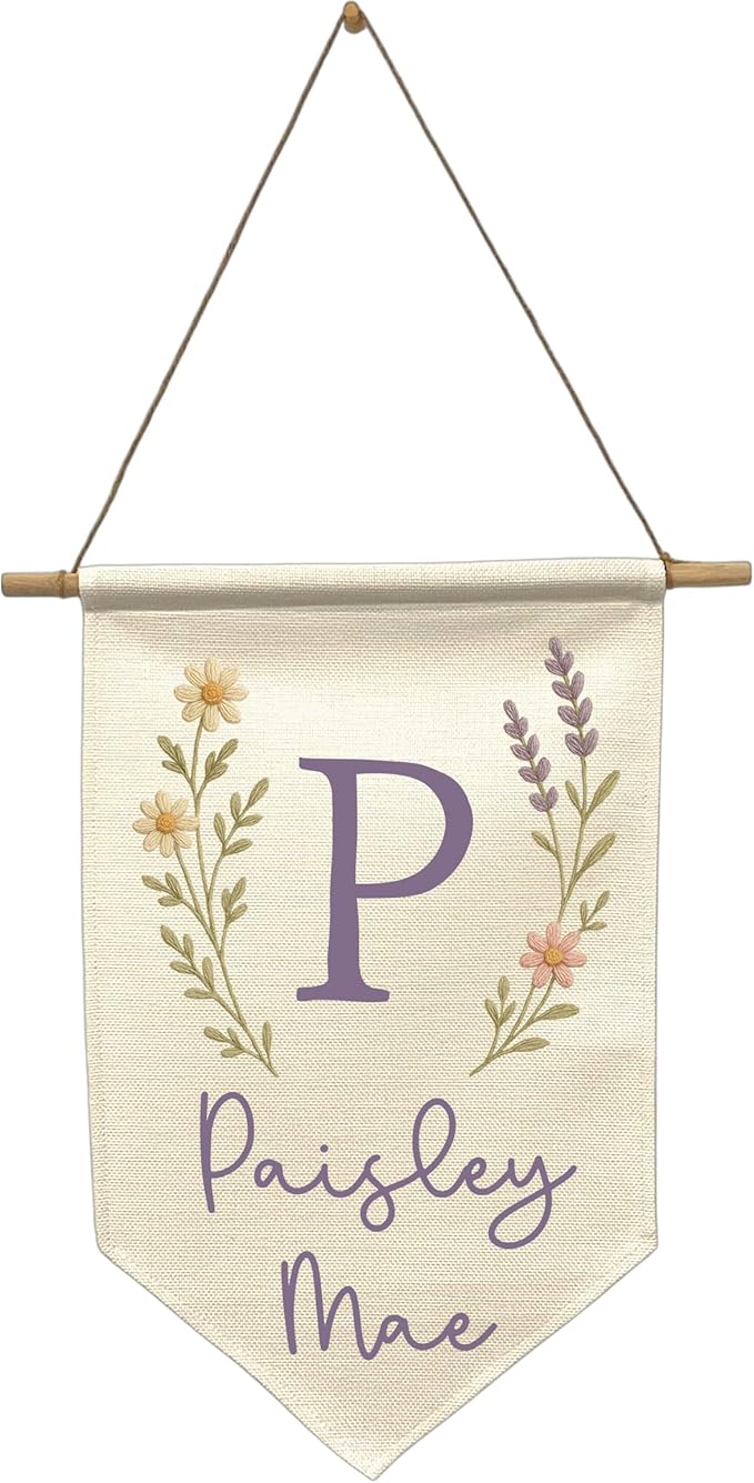 Custom Name Banner Faux Embroidery Nursery Wall Hanging - Boho Baby Girl Room Decor – Kids’ Name Sign for Nursery, Bedroom, or Playroom (Purple Wildflower)