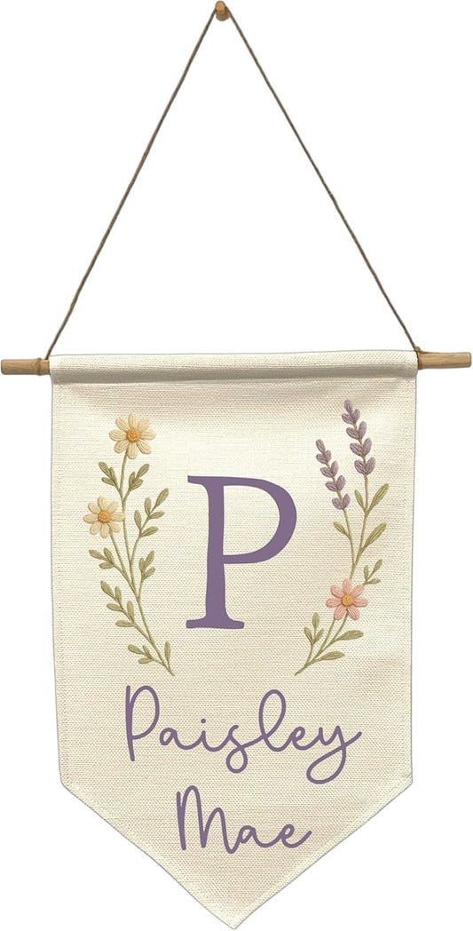 Custom Name Banner Faux Embroidery Nursery Wall Hanging - Boho Baby Girl Room Decor – Kids’ Name Sign for Nursery, Bedroom, or Playroom (Purple Wildflower)