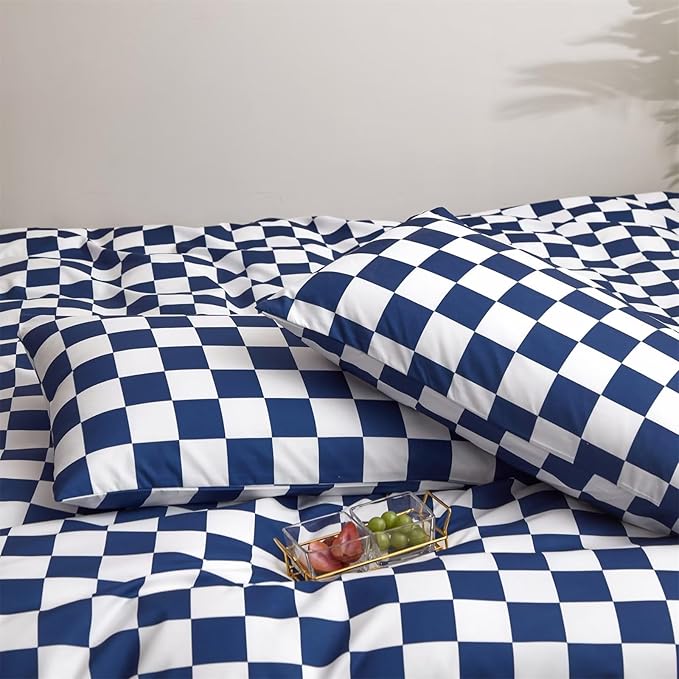 Houseri Royal Blue and White Duvet Cover King Plaid Dark Ocean Blue Bedding Checkerboard Duvet Cover Sets Men Women Elegant Blue Buffalo Checkered Bedding Bright Blue Grid Duvet Cover King Size Comfy