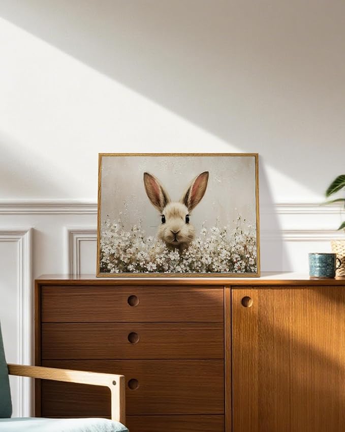 ARPEOTCY Vintage Framed Canvas Wall Art, 12x16inch, Easter Bunny Spring Rabbit Wall Decor, Animal Art Prints Home Decorations, Wildflower Paintings for Living Room Bedroom Shelf Decor