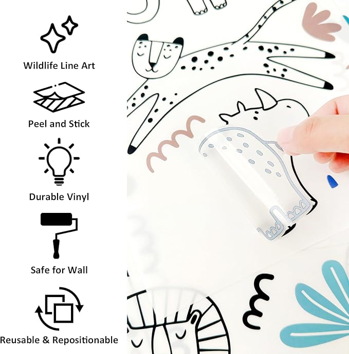 AOWDIAO Safari Wildlife Animal Wall Decals Line Art Peel & Stick Decor for Kids’ Room & Nursery