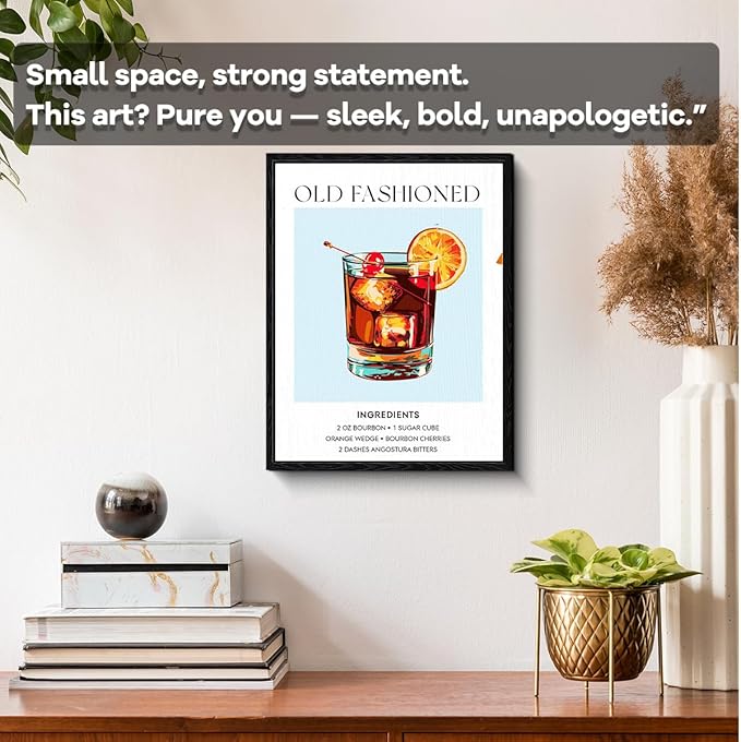Old Fashioned Cocktail Wall Art, classic bourbon recipe list, kitchen bar wall decor, matte finish framed canvas print, cocktail bar poster, for kitchen home bar housewarming gift, 12x15 inch