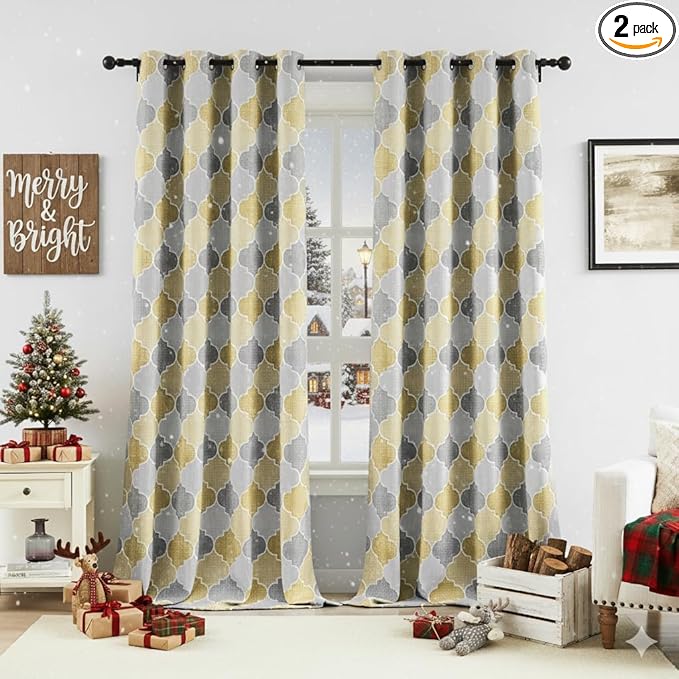 Christmas Geometric Curtains for Bedroom Gray/Yellow Trellis Moroccan 100% Blackout Curtains 90 Inch Length Room Darkening Thermal Insulate Drapes Grommet Top Window Treatments, 2 Panels