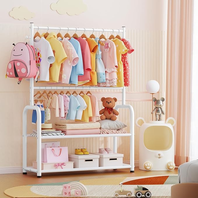 Kids Clothing Rack with 2-Layer Storage Shelf and 2 Adjustable Hanging Rods, Small Baby Closet Organizer for Hanging Clothes, Kids Dress Up Rack for Child (Classic, White)