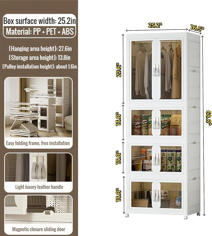 Kids Wardrobe Closet, 4Tiers Portable Foldable Children’s Clothes Organizer with Wheels Cabinet Toddler Dresser Storage Organizer with Hanging Rod & 6 Hangers for Kids Bedroom or Nursery