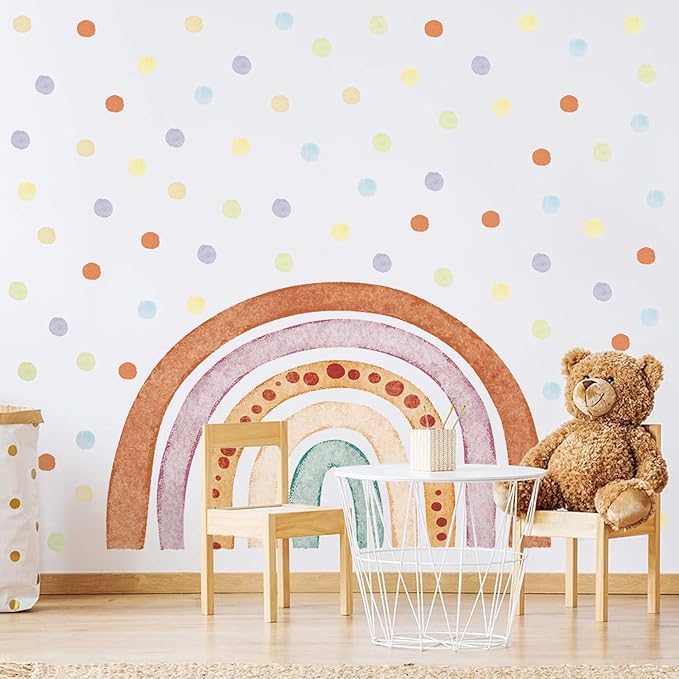 Large Rainbow Wall Decals, Colorful Watercolor Rainbow Wall Stickers, Peel and Stick Pastel Polka Dots Wallpaper for Girls Bedroom Nursery Classroom Wall Decor