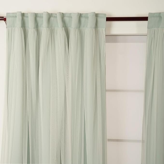 INLINAS 52 x 96 Inch Blackout Curtains with Sheer Overlay - Back Tab and Rod Pocket Thermal and Noise Reduction Panels for Bedroom and Living Room Light Blocking and Energy Saving, Mint, Set of 2