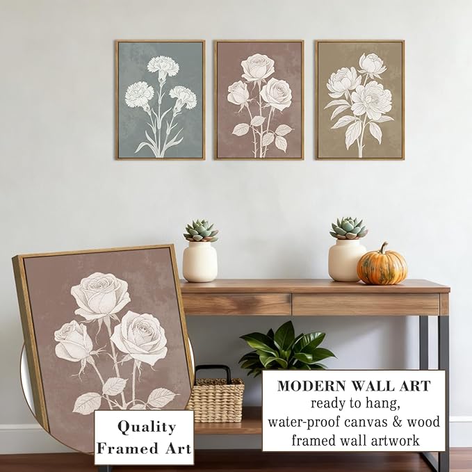 BINCUE Neutral Floral Canvas Wall Art Framed Boho Flower Painting Print 12" Lx16 W 3 Piece