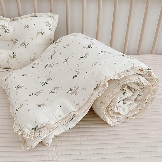 BuLuTu Cute Laurel Design Toddler Quilt Muslin Cotton Comforter Lightweight Soft Nursery Blankets Floral Beige Crib/Toddler Bed Quilted Blanket for Unisex Baby Boys Girls, 47"x59"