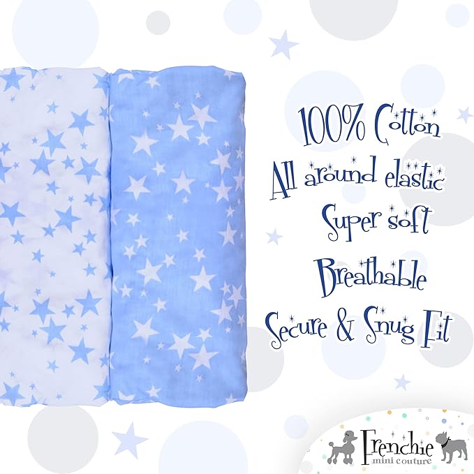 Frenchie Mini Couture Fitted Crib Sheets 100% Cotton, Fits Toddler Mattress, Blue Stars, 28 x 52in, 2-Pack