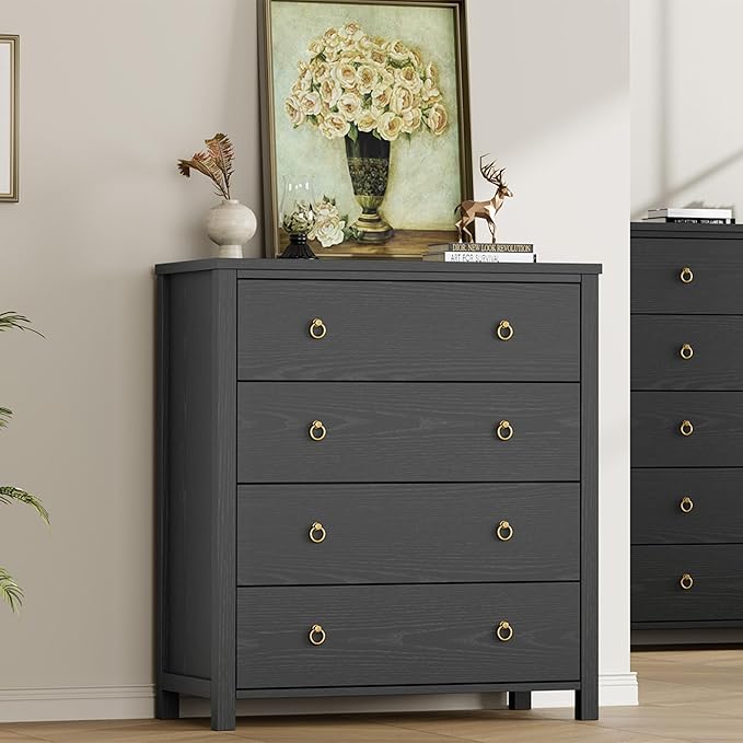IDEALHOUSE Dresser for Bedroom, Chest of Dressers 37" Tall Dresser for Closet with 4 Drawers Chest with Clothes Storage Cabinet, Drawer Organizer for Bedroom, Living Room, Closet, Hallway, Black