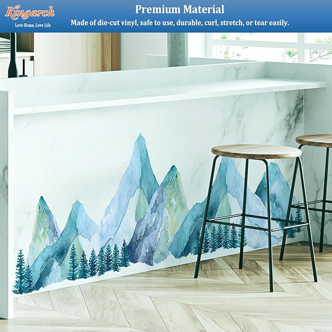 Large Mountain Wall Decals, Blue Pine Tree Peel and Stick Vinyl Wall Stickers & Murals, Removable Home Room Wall Decor for Bedroom Living Room Bedroom Classroom Office Nursery
