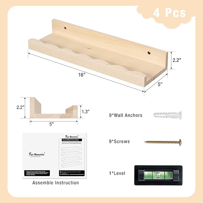 Fun Memories Picture Ledge Shelf for Wall, 16 inch Pine Wood Nursery Book Shelves Set of 4- Wall Book Shelves for Kids Room, Home Decor - Kitchen Spice-Natural